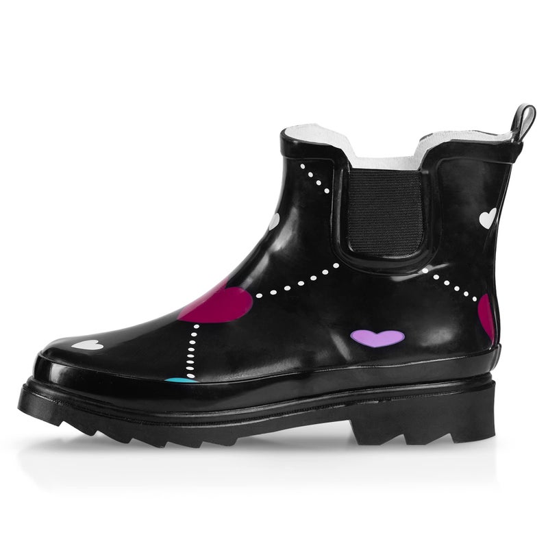 NORTY - Womens Ankle Rain Boots - Ladies Waterproof Winter Spring Garden Boot runs Â½ size large Argyle Heart Black Size 9 - Image 1